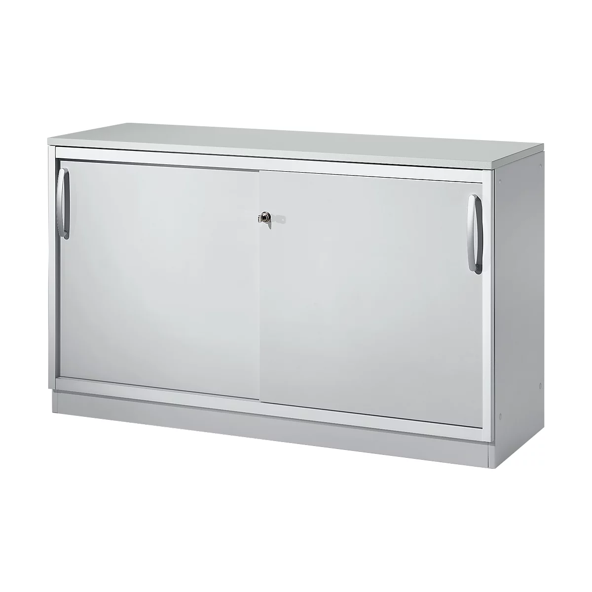 Schäfer Shop Genius Schuifdeurkast TETRIS SOLID, 2 ordnerhoogten, B 1200 x H 818 mm, middenwand, 19 mm afdekplaat, lichtgrijs/blank aluminium 