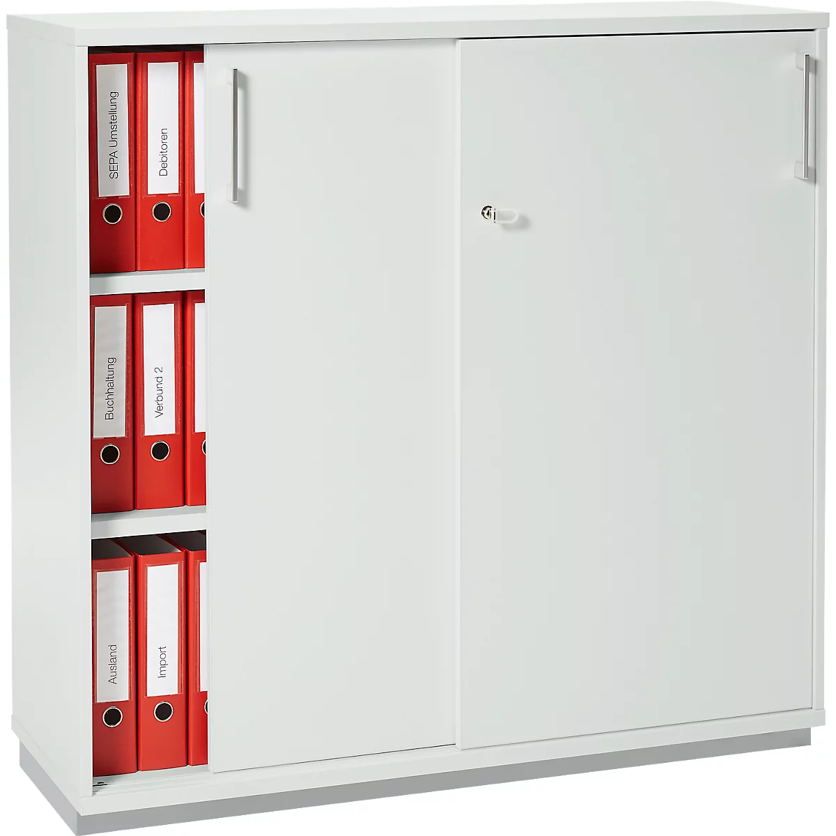 Schäfer Shop Genius schuifdeurkast TETRIS WOOD, 3 OH, 2 legborden, afsluitbaar, voetgeleiders &amp; stalen onderstel, B 1000 x D 421 x H 1160 mm, lichtgrijs