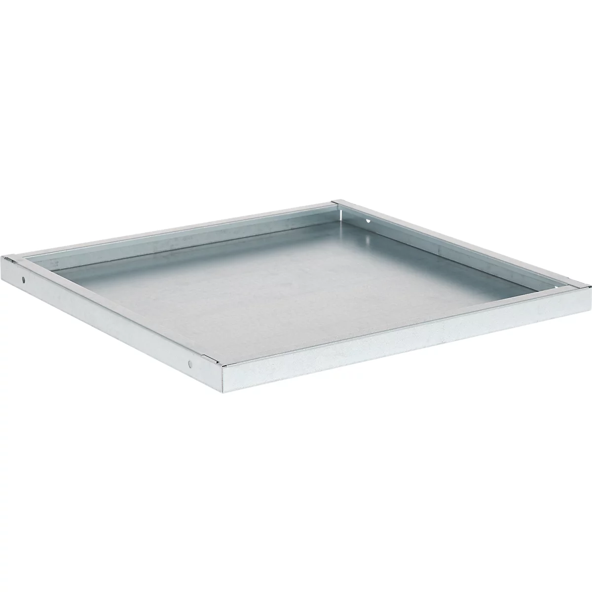 Square, silver metal shelf with raised edges.