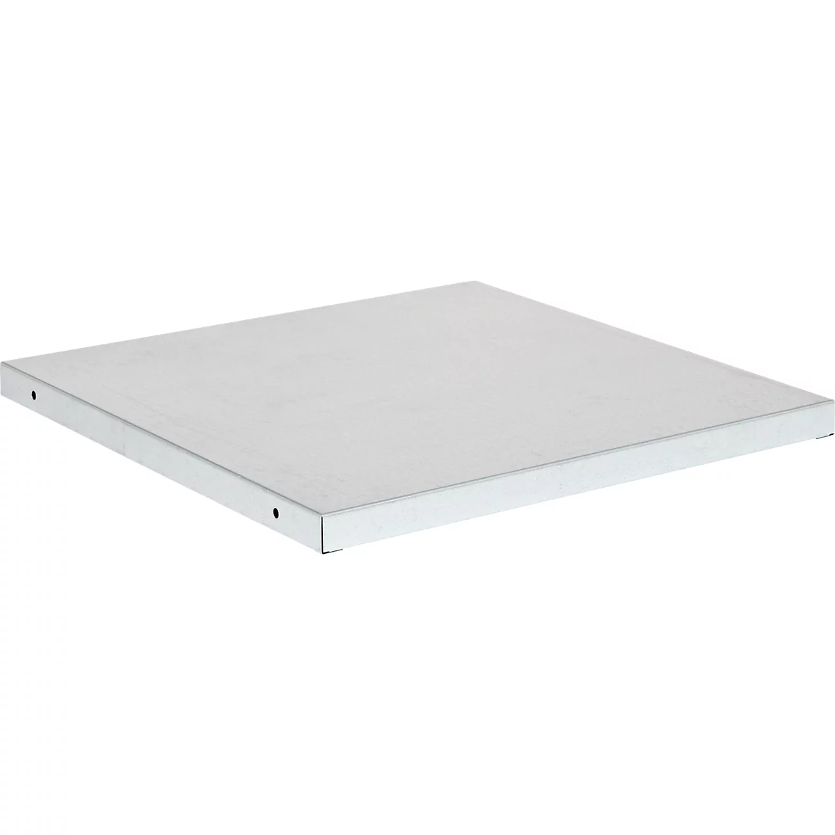 A square, silver metal plate. The edges are bent over, small holes are visible.