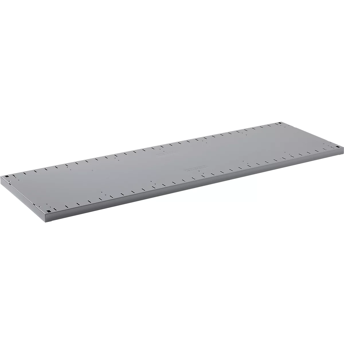 Gray, elongated metal plate with holes on the edges.