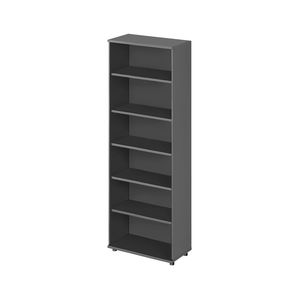 Gray bookcase with six shelves. Straight lines, simple design.