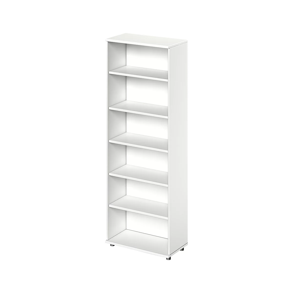 White bookcase with six shelves. The construction is simple and modern.