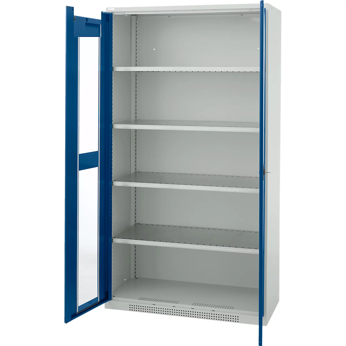 Schäfer Shop Genius Sichttürschrank FS, 5 OH, abschließbar, 4 Fachböden, bis 450 kg, B 1055 mm, Stahl, lichtgrau RAL 7035/enzianblau RAL 5010