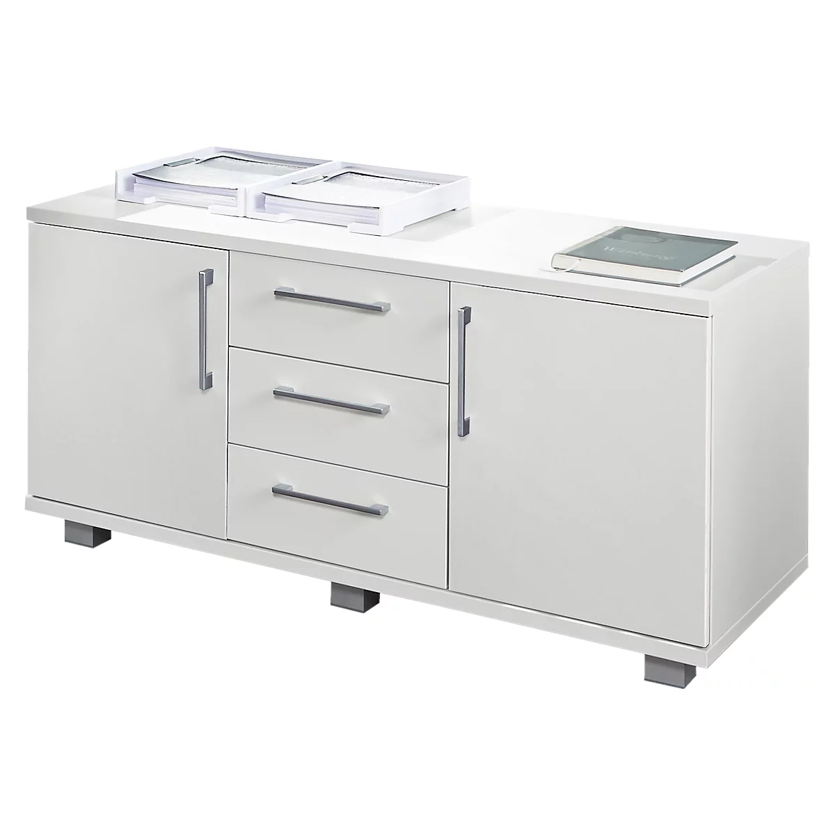 Schäfer Shop Genius Sideboard, 3 Schübe & 2 Türen, Metallgriffe, B 1200 x T 500 x H 600 mm, weiß/weiß