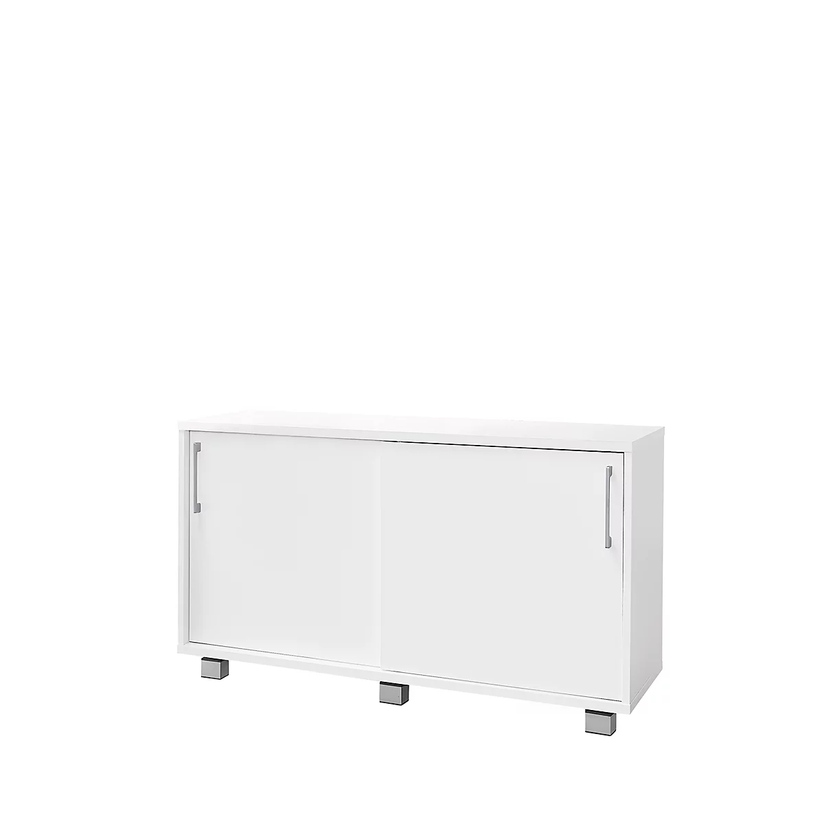 White sideboard with sliding doors, silver handles and feet.