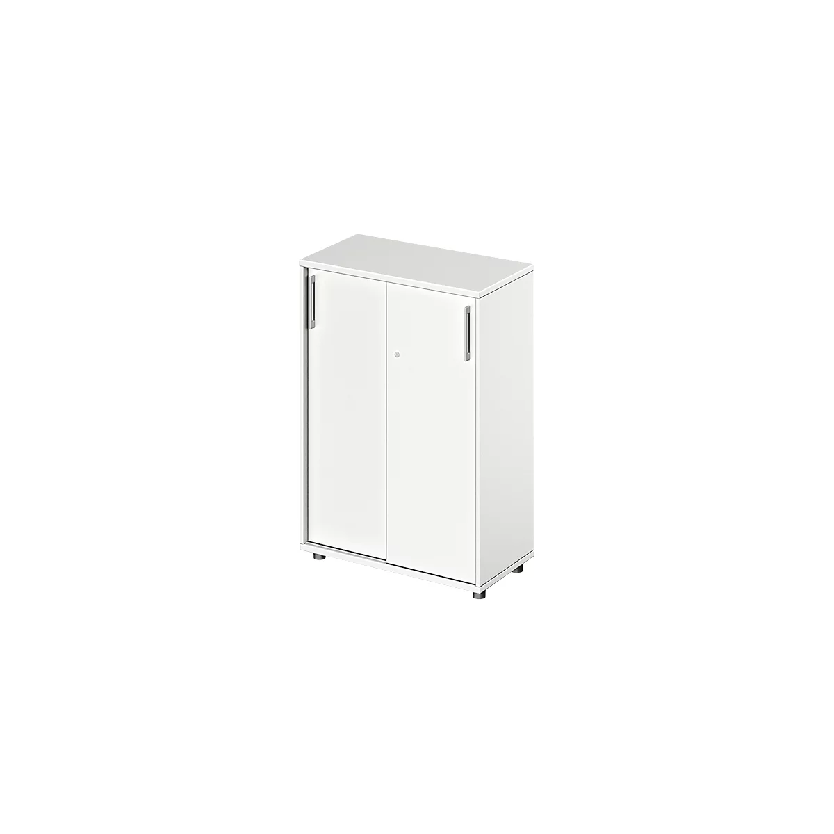White cabinet with two doors and silver handles. Standing on feet.