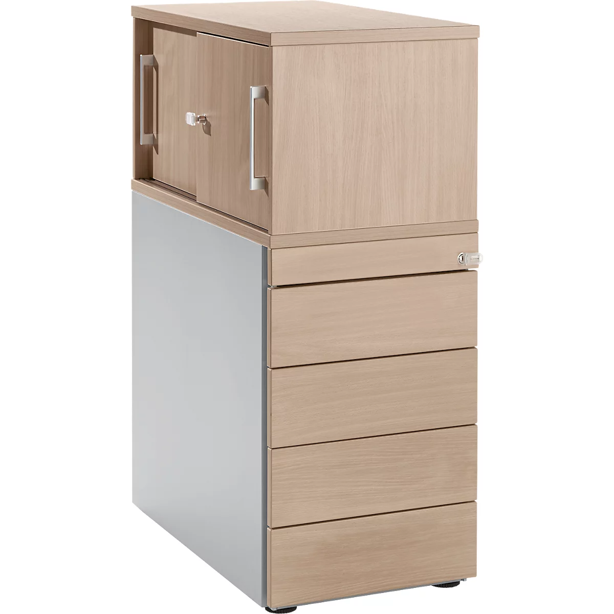 Schäfer Shop Genius sokkel met bovenkastje incl. schuifdeur, volledig afsluitbaar, greepgleuf aan de zijkant, eiken/wit aluminium