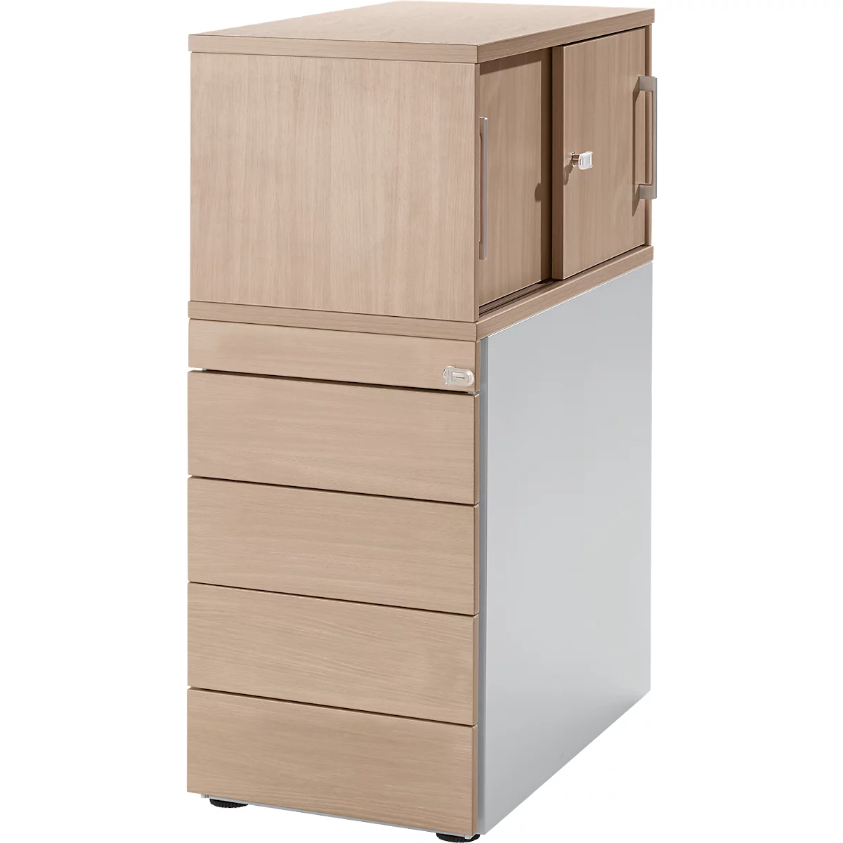 Schäfer Shop Genius sokkel met bovenkastje incl. schuifdeur, volledig afsluitbaar, greepgleuf aan de zijkant, eiken/wit aluminium