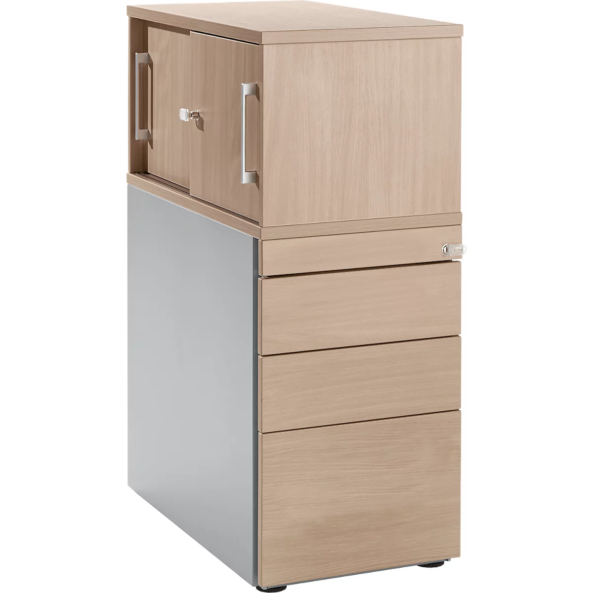 Schäfer Shop Genius sokkel met bovenkastje incl. schuifdeur, volledig afsluitbaar, greepgleuf aan de zijkant, eiken/wit aluminium