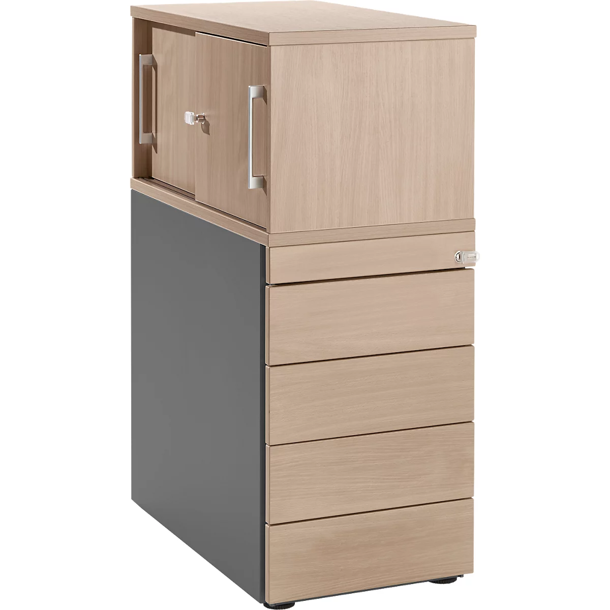 Schäfer Shop Genius sokkel met opzetkast incl. schuifdeur, volledig afsluitbaar, zijdelingse greepgleuf, eiken/antraciet