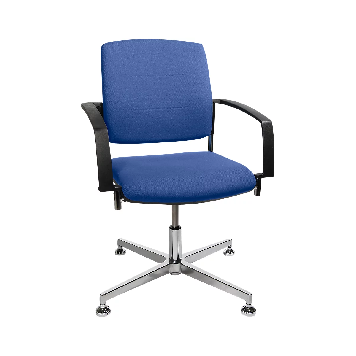Blue office chair with black armrests and silver base.