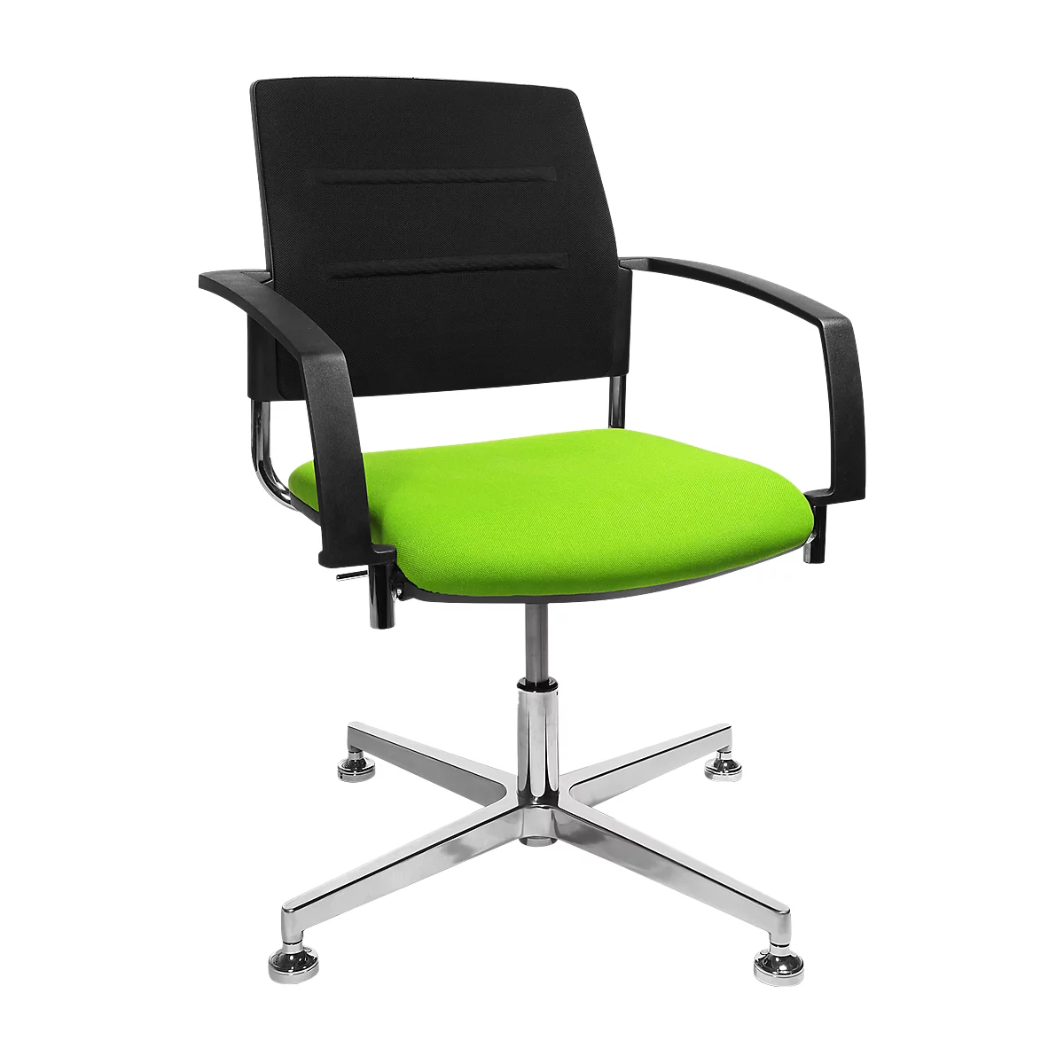 Office chair with black backrest, black armrests, green seat, and silver base.