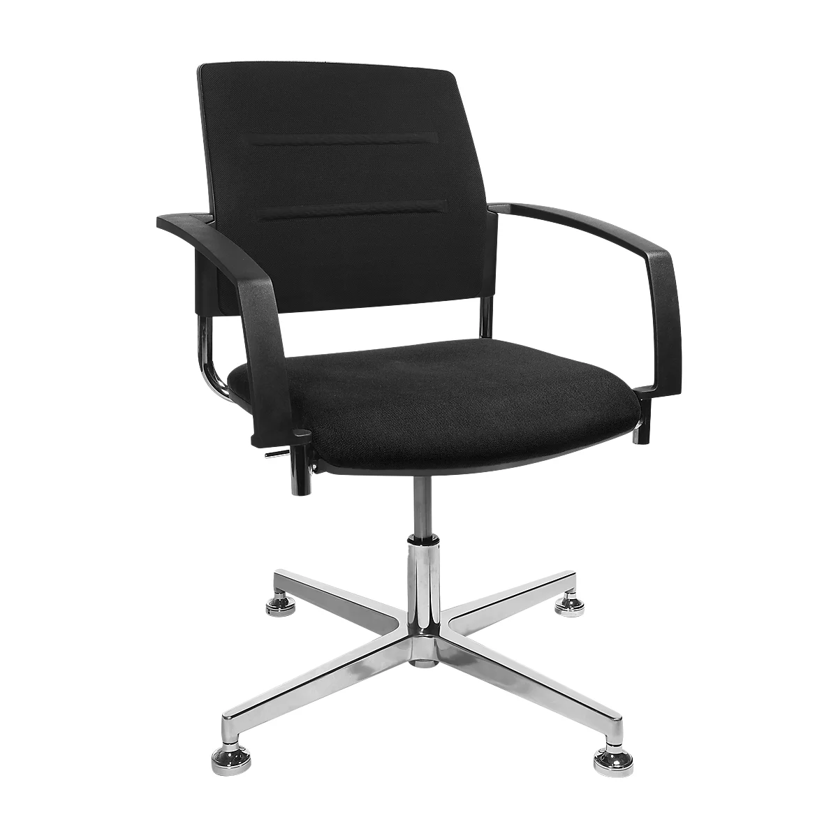 Black office chair with armrests and chrome-plated base.