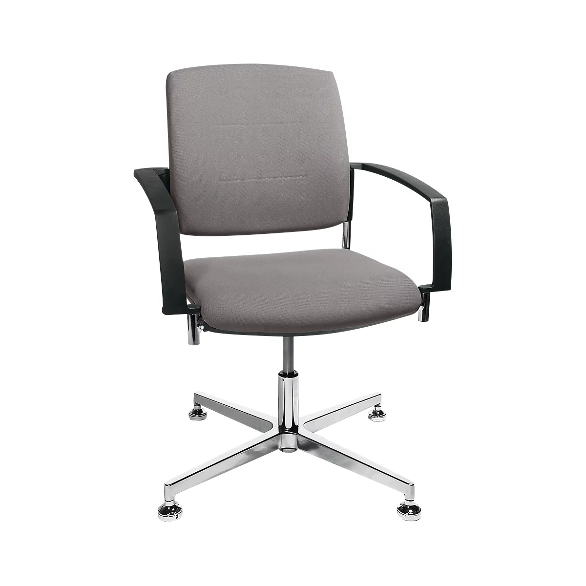 A gray office chair with armrests, black frame, and a chrome-plated base.