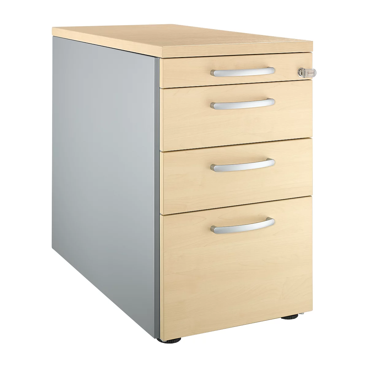 Beige Büroschublade mit drei Schubladen und silbernen Griffen. Auf der rechten Seite sind eine Schlüsselloch und der Schlüssel zu sehen.