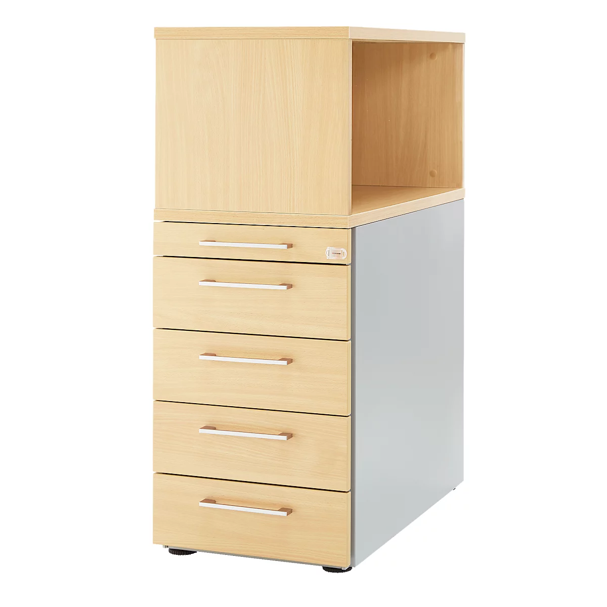 Ein holzfarbener Schrank mit fünf Schubladen und einem offenen Fach. Seitenteile sind hellgrau.