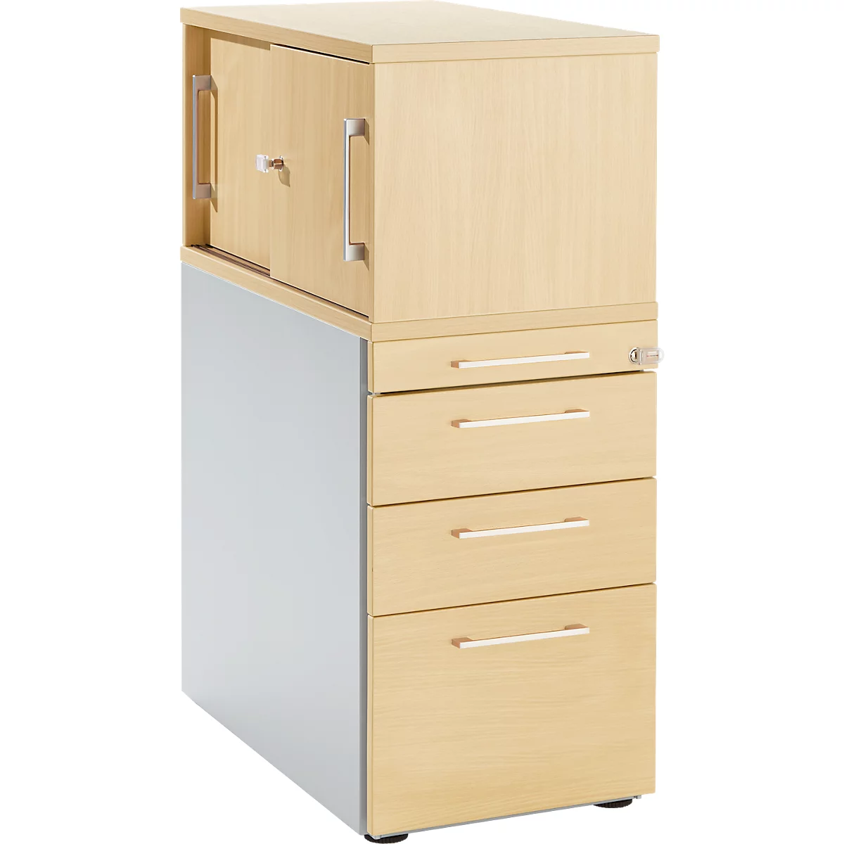 Schäfer Shop Genius Standcontainer mit Aufsatzschrank inkl. Schiebetür, komplett abschließbar, eckiger Griff, ahorn