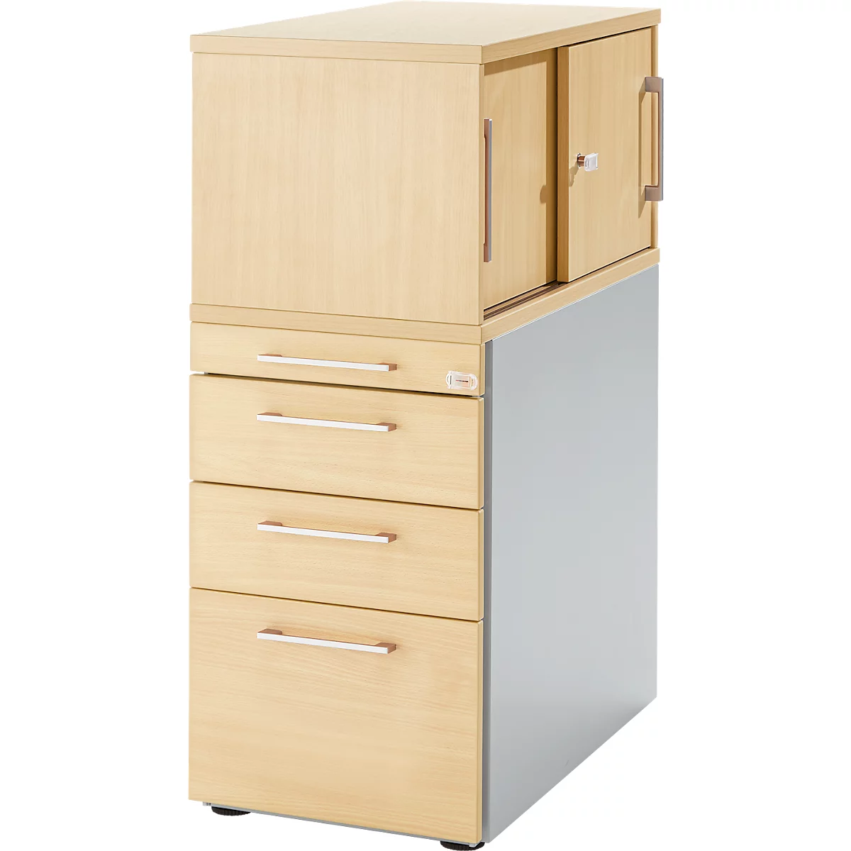 Schäfer Shop Genius Standcontainer mit Aufsatzschrank inkl. Schiebetür, komplett abschließbar, eckiger Griff, ahorn