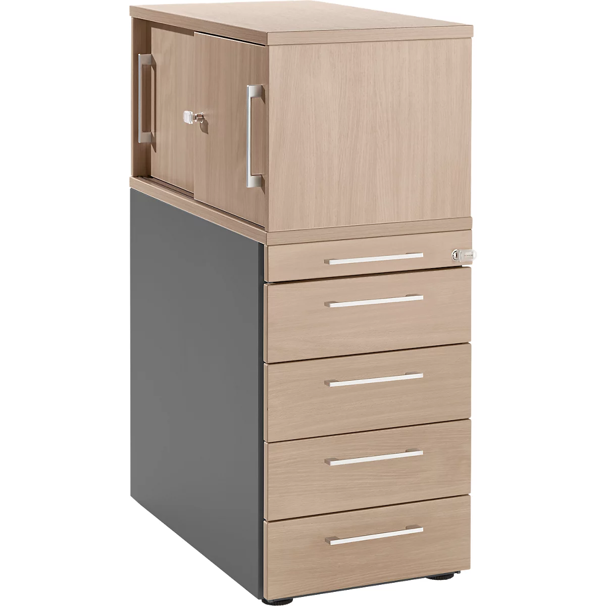 Schäfer Shop Genius Standcontainer mit Aufsatzschrank inkl. Schiebetür, komplett abschließbar, eckiger Griff, Eiche/anthrazit