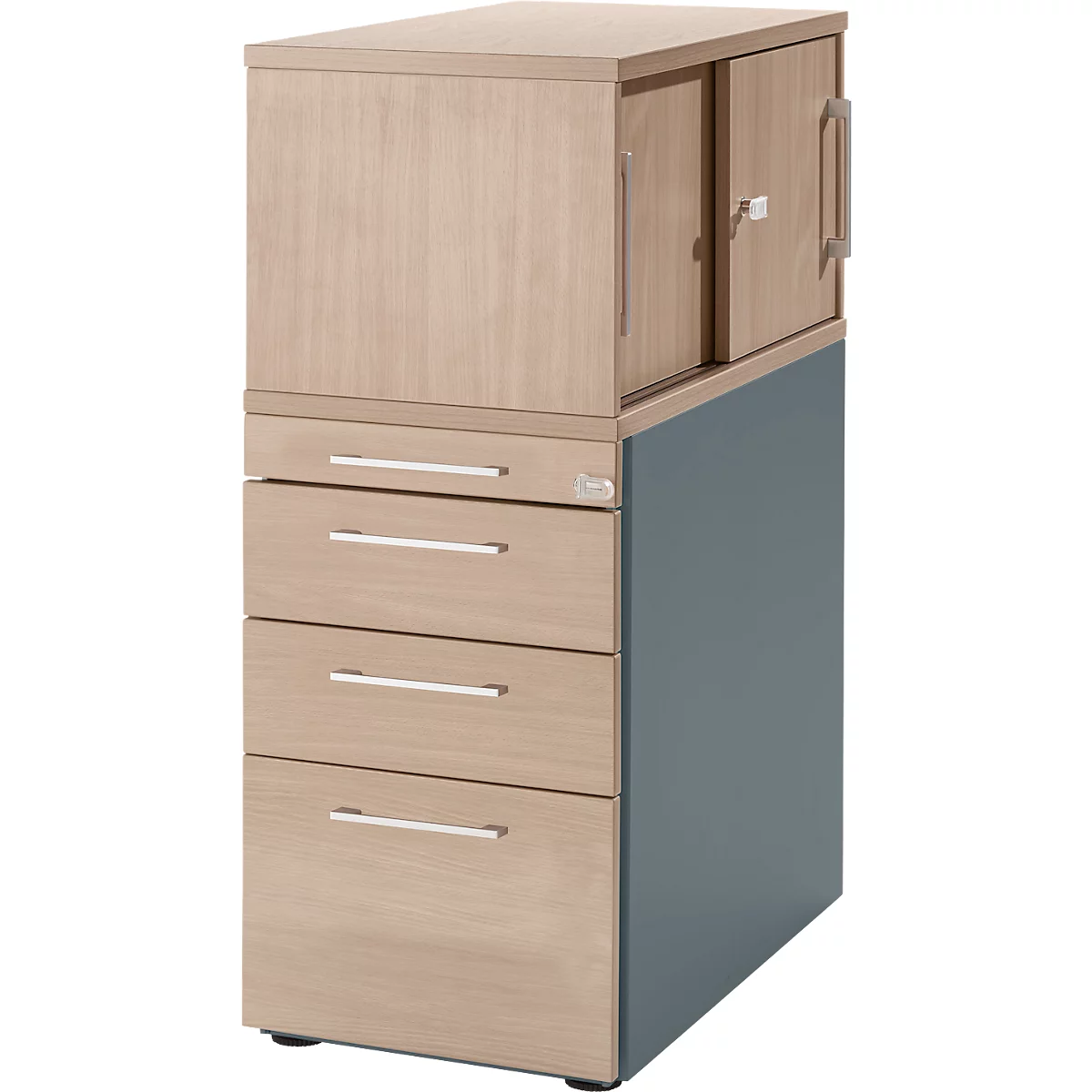 Schäfer Shop Genius Standcontainer mit Aufsatzschrank inkl. Schiebetür, komplett abschließbar, eckiger Griff, Eiche/anthrazit