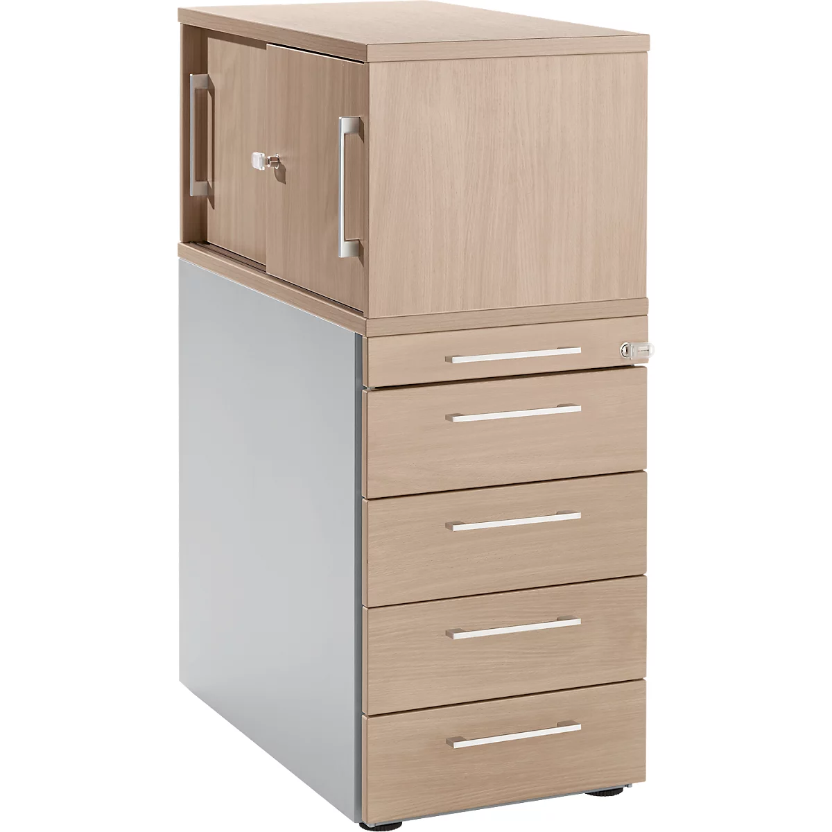 Schäfer Shop Genius Standcontainer mit Aufsatzschrank inkl. Schiebetür, komplett abschließbar, eckiger Griff, Eiche/weißalu