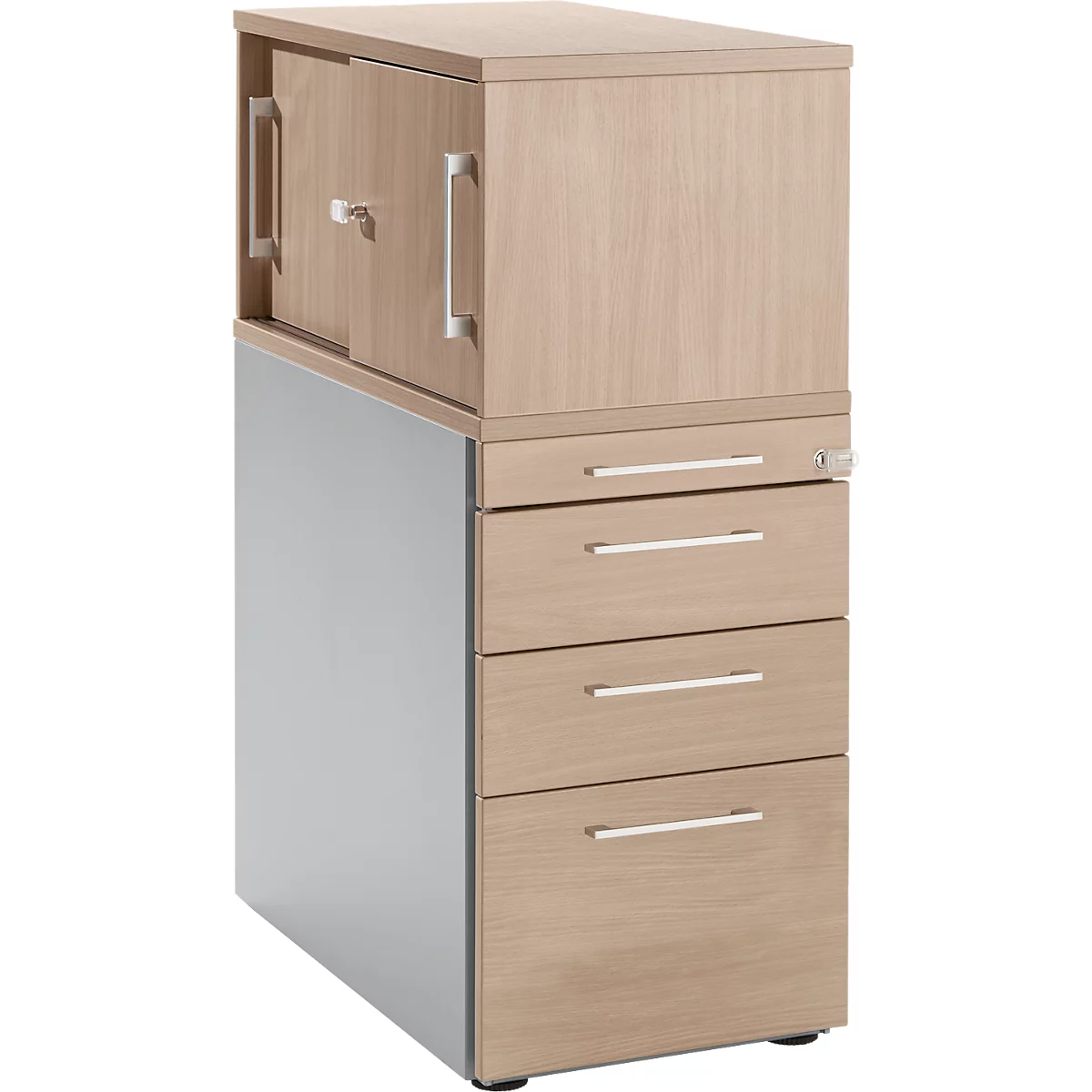 Schäfer Shop Genius Standcontainer mit Aufsatzschrank inkl. Schiebetür, komplett abschließbar, eckiger Griff, Eiche/weißalu