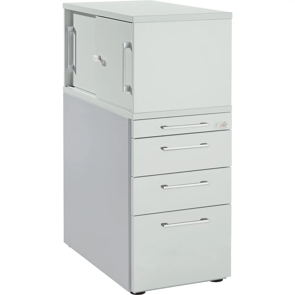 Schäfer Shop Genius Standcontainer mit Aufsatzschrank inkl. Schiebetür, komplett abschließbar, eckiger Griff, lichtgrau