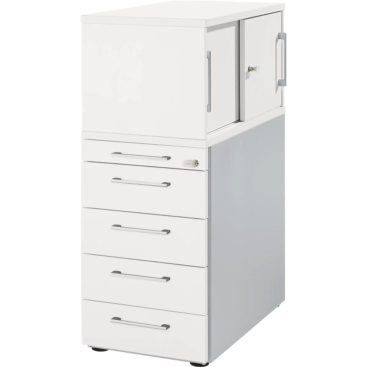Schäfer Shop Genius Standcontainer mit Aufsatzschrank inkl. Schiebetür, komplett abschließbar, eckiger Griff, weiß