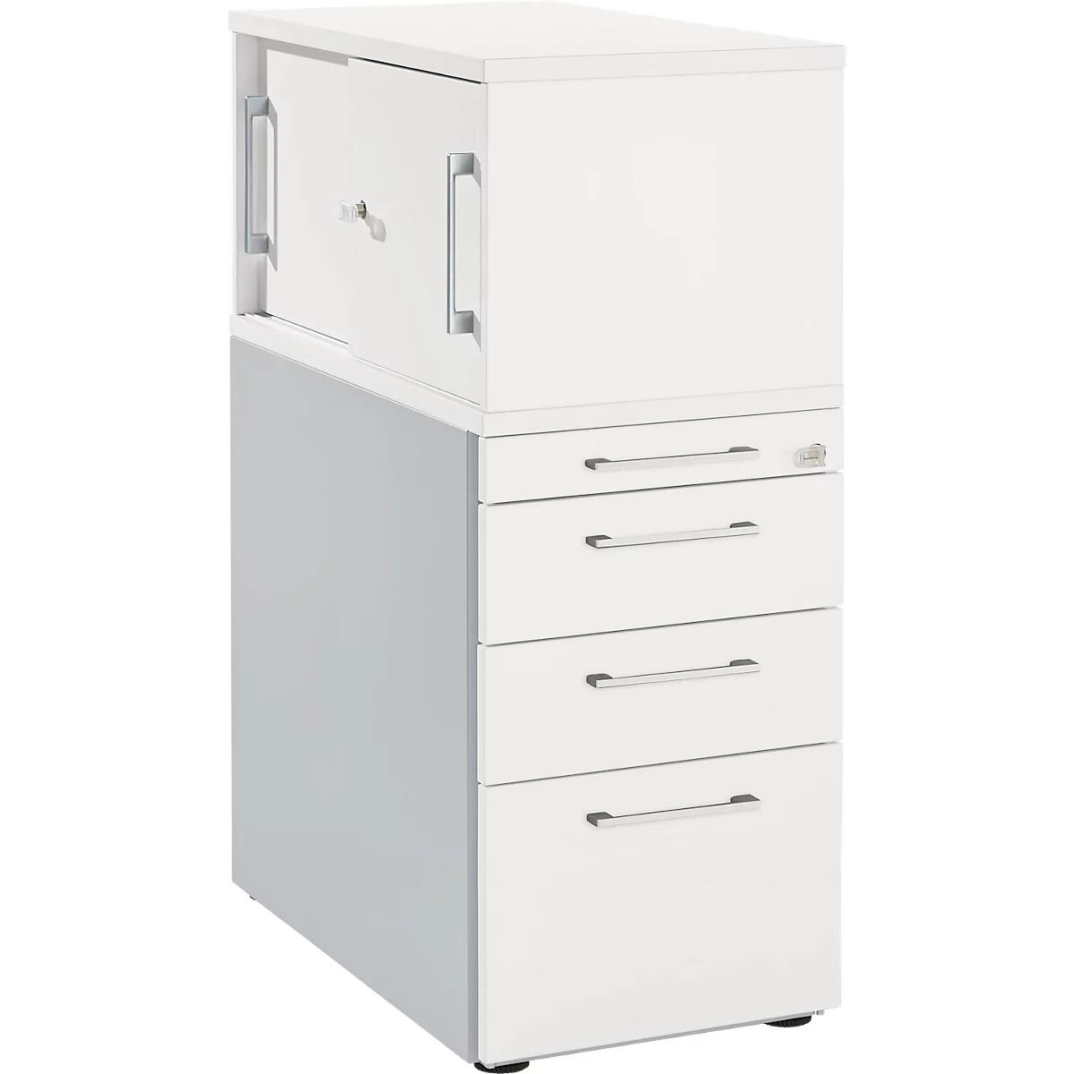 Schäfer Shop Genius Standcontainer mit Aufsatzschrank inkl. Schiebetür, komplett abschließbar, eckiger Griff, weiß