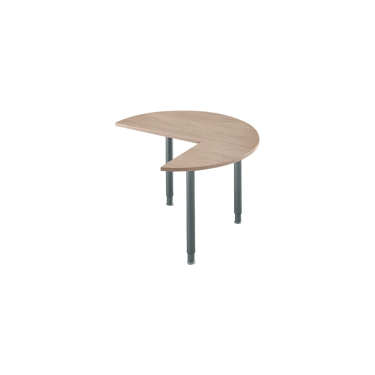 Table en demi-cercle en bois clair avec trois pieds gris. Les pieds sont réglables en hauteur.