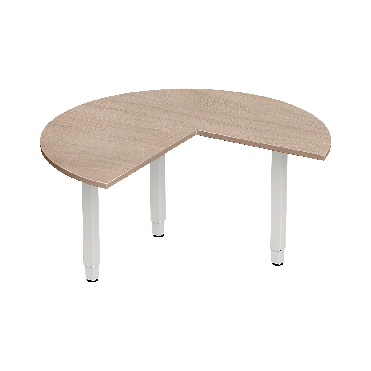 Un bureau en demi-cercle en bois avec des pieds blancs. Le dessus de la table a un grain de bois clair et est fixé à trois pieds.
