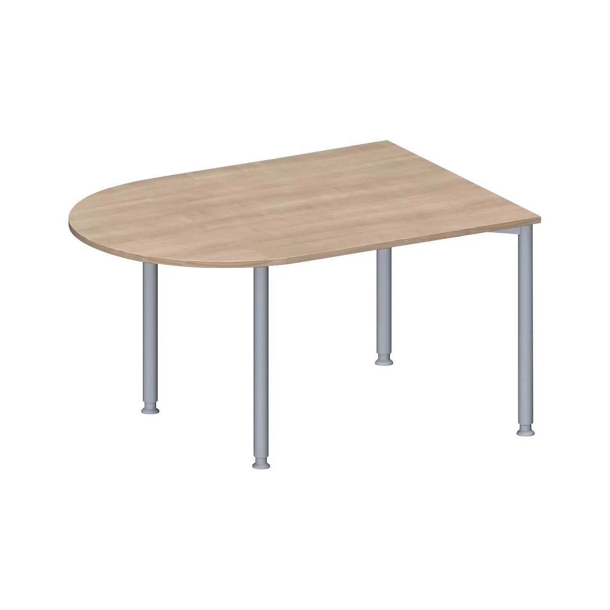 Une table brun clair, en forme de demi-cercle, avec des pieds gris. Le plateau de la table est en bois et repose sur quatre pieds métalliques gris.