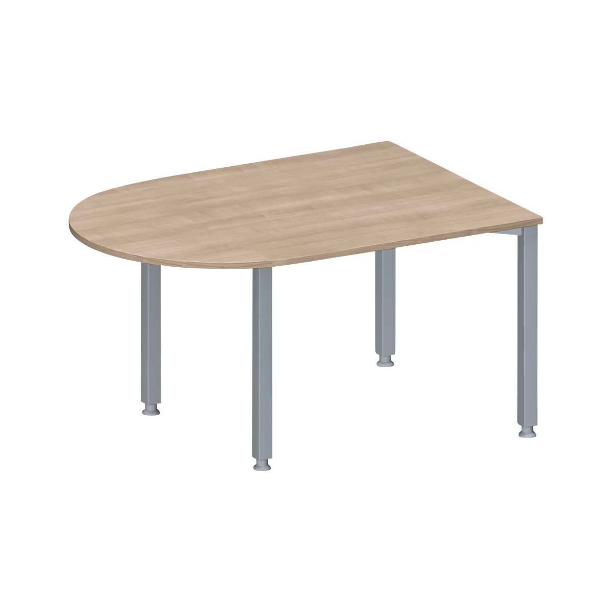 Une table claire, semi-circulaire, avec des pieds argentés, sur fond blanc.