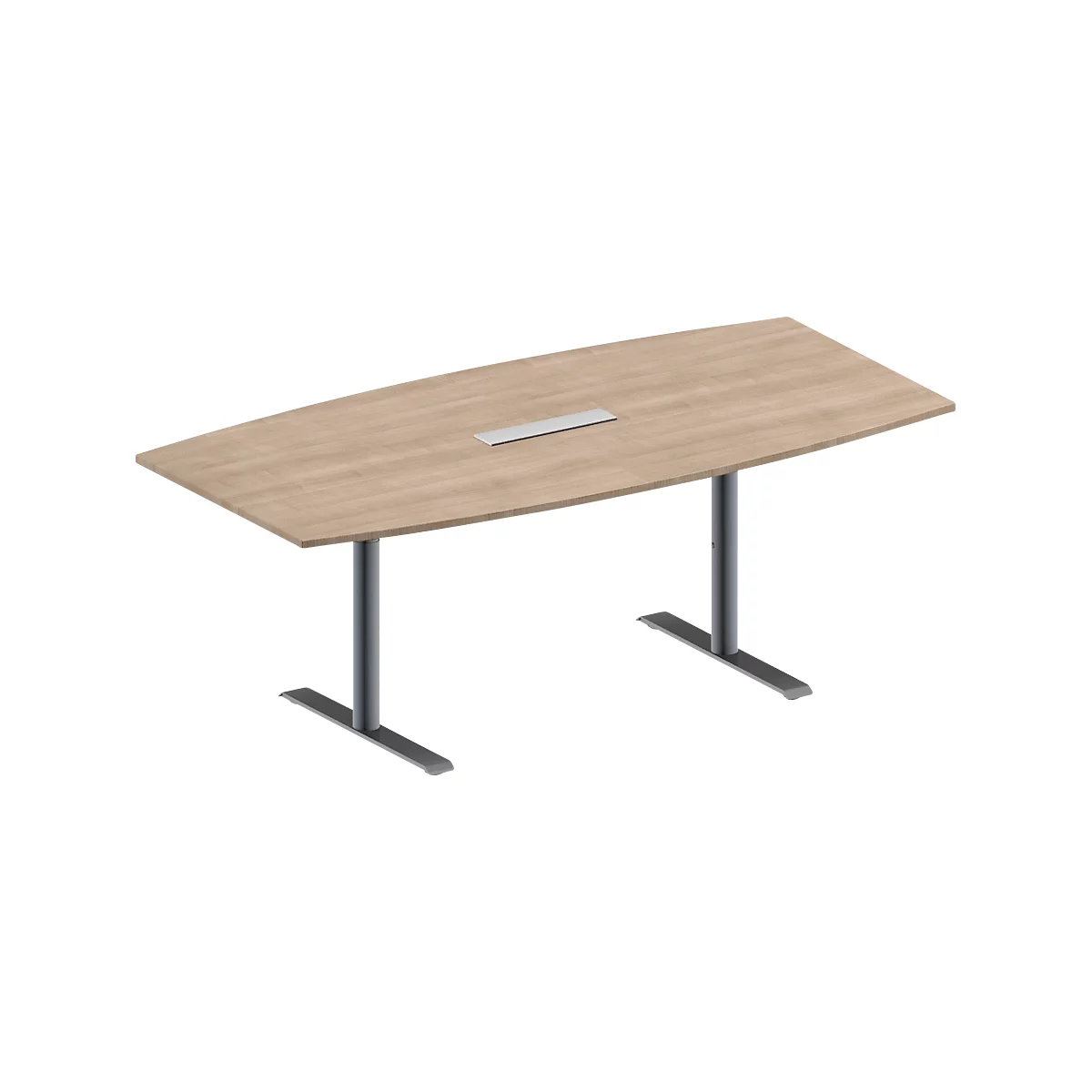 Une table de conférence ovale avec un dessus en bois et des pieds en métal gris.