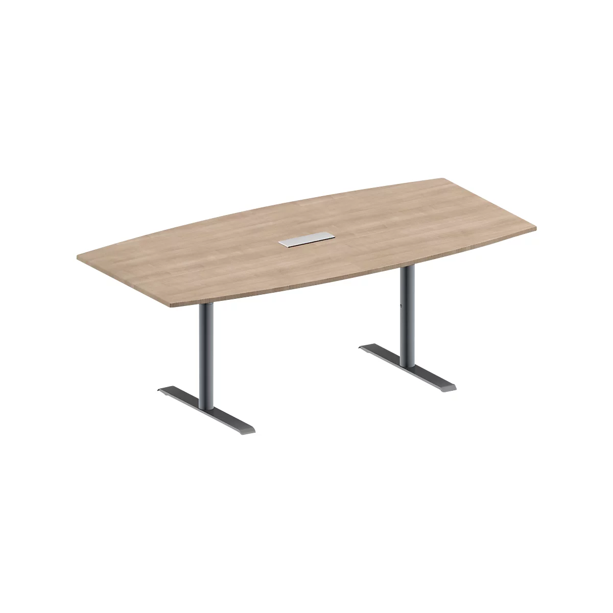 Une table de conférence ovale de couleur claire avec des pieds gris. Il y a un élément argenté sur le plateau. La table est placée sur un fond neutre.