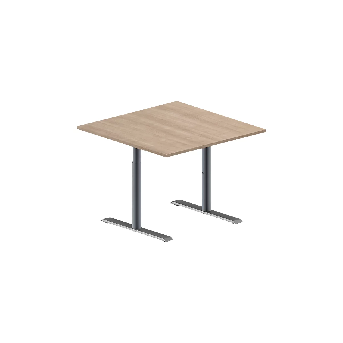 Schäfer Shop Genius Table de réunion MODENA FLEX, carrée, pied en T tube rond, L 1000 x P 1000 x H 650-850 mm, décor chêne/aluminium blanc RAL 9006