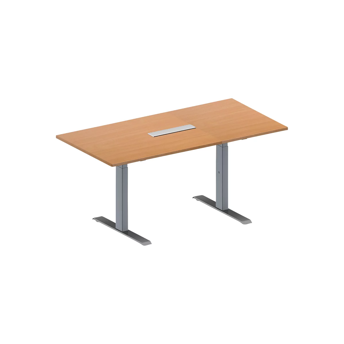 Schäfer Shop Genius Table de réunion MODENA FLEX, hauteur ajustable, bloc prise six entrées, en forme de rectangle, pied en T avec tubes rectangulaires, l. 1600 x P 800 mm, coloris hêtre