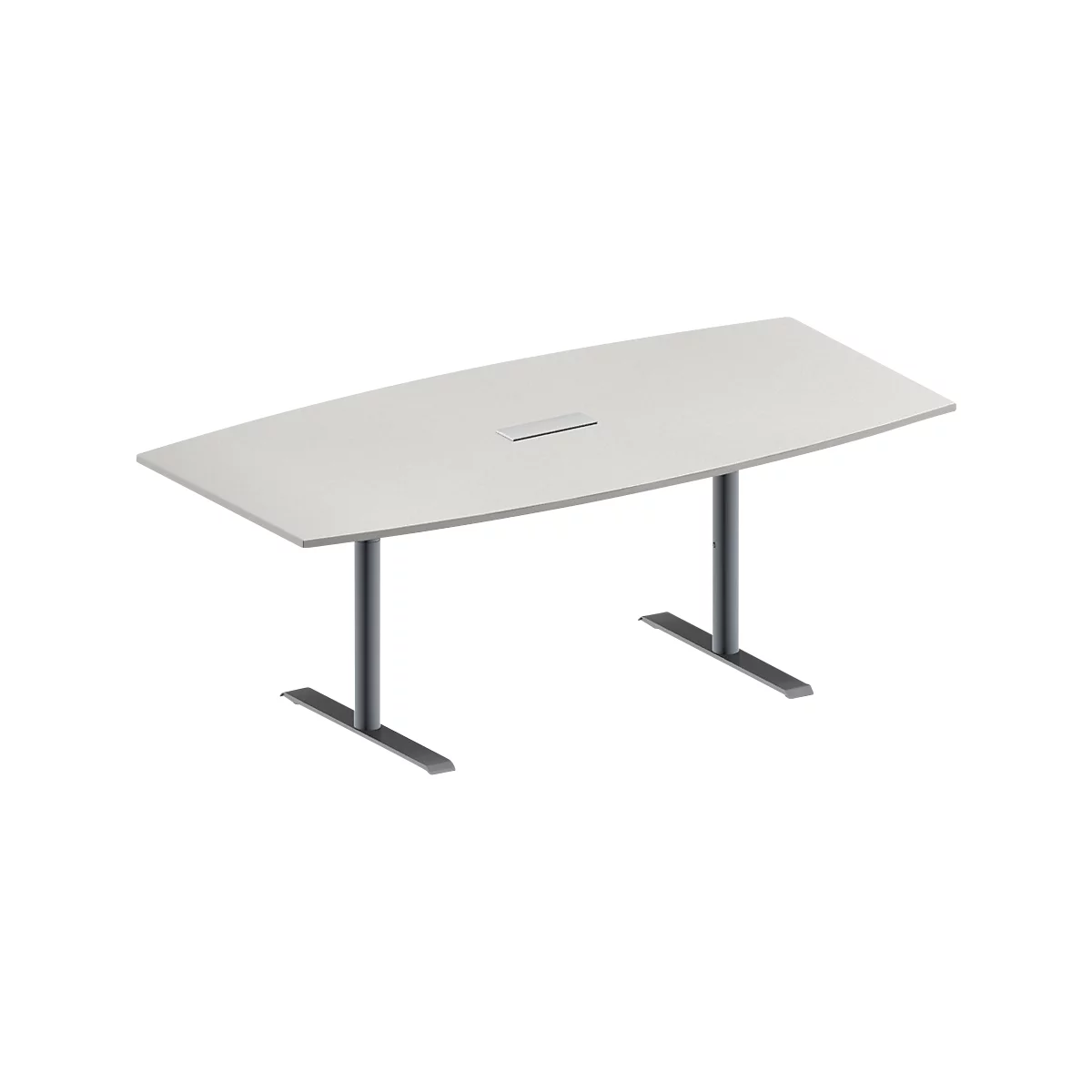Schäfer Shop Genius Table de réunion MODENA FLEX, hauteur ajustable, bloc prise trois entrées, forme bateau, pieds en T avec tubes ronds, l. 2000 x P 1000/800 mm, gris clair