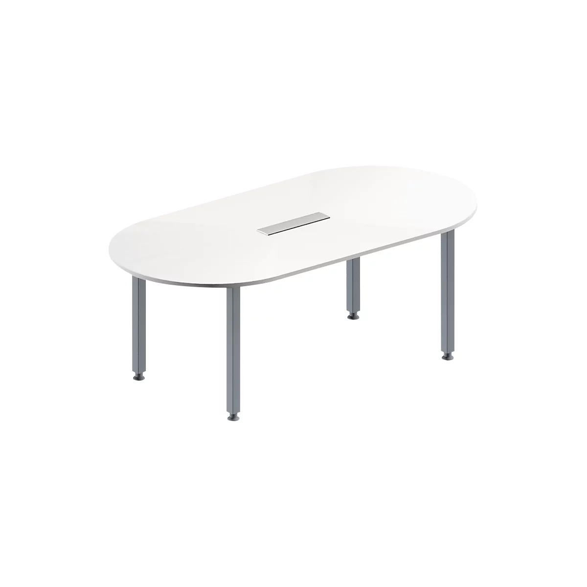 Schäfer Shop Genius Table de réunion MODENA FLEX, hauteur ajustable, en forme d'ovale, 4 pieds avec tubes carrés, l. 2000 x P 1000 mm, bloc prise six entrées, blanc