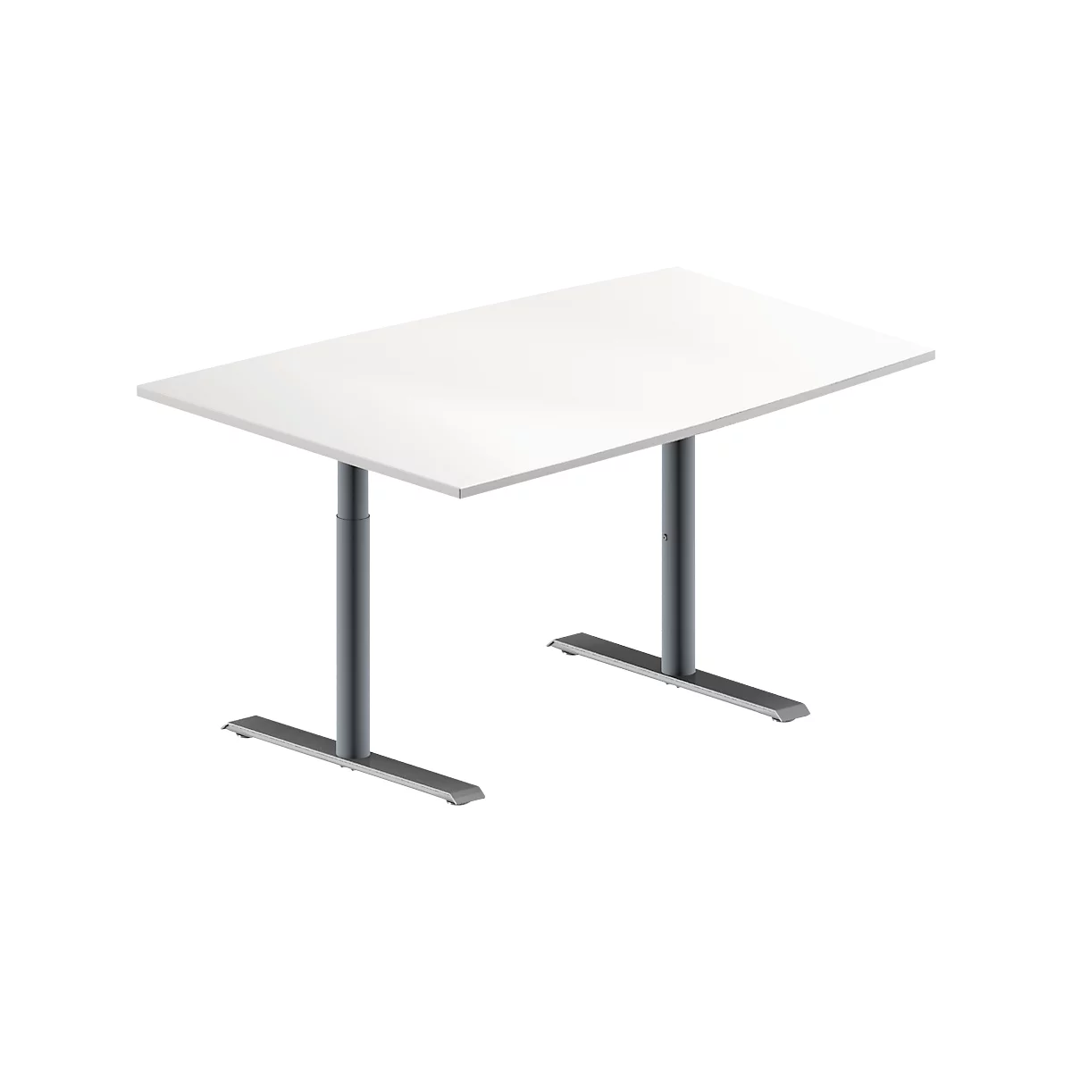 Schäfer Shop Genius Table de réunion MODENA FLEX, hauteur ajustable, en forme de tonneau, pieds en T avec tubes ronds, l. 1400 x P 1000 mm, blanc 