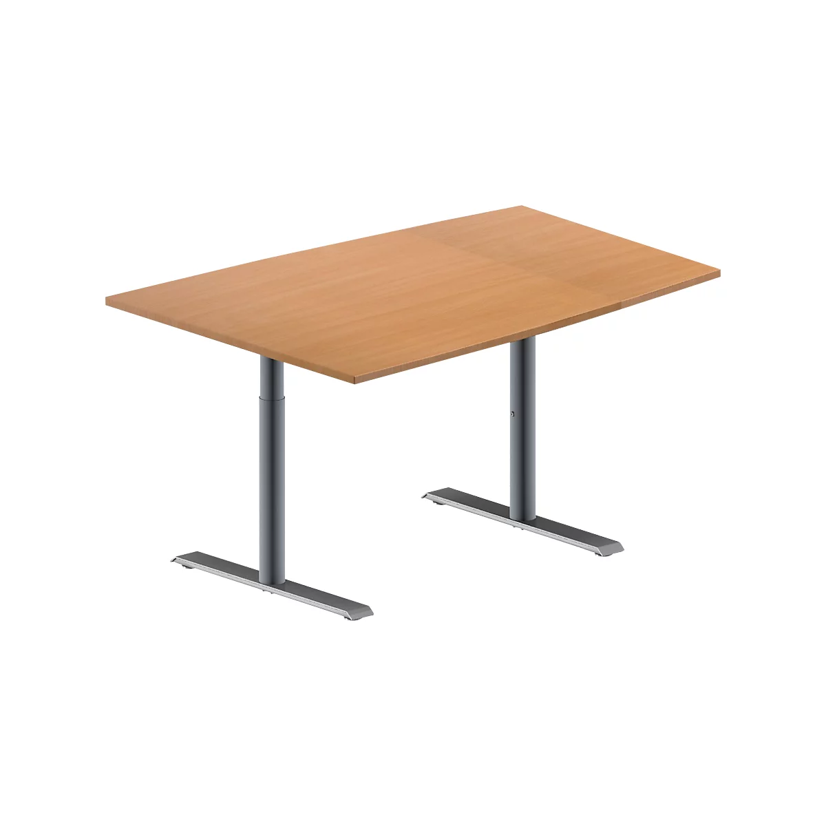 Schäfer Shop Genius Table de réunion MODENA FLEX, hauteur ajustable, en forme de tonneau, pieds en T avec tubes ronds, l. 1400 x P 1000 mm, coloris hêtre 