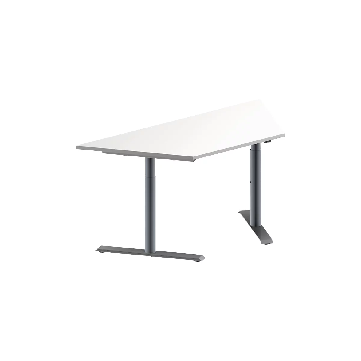 Schäfer Shop Genius Table de réunion MODENA FLEX, hauteur ajustable, en forme de trapèze, pieds en T avec tubes ronds, l. 1600 x P 800 mm, blanc 