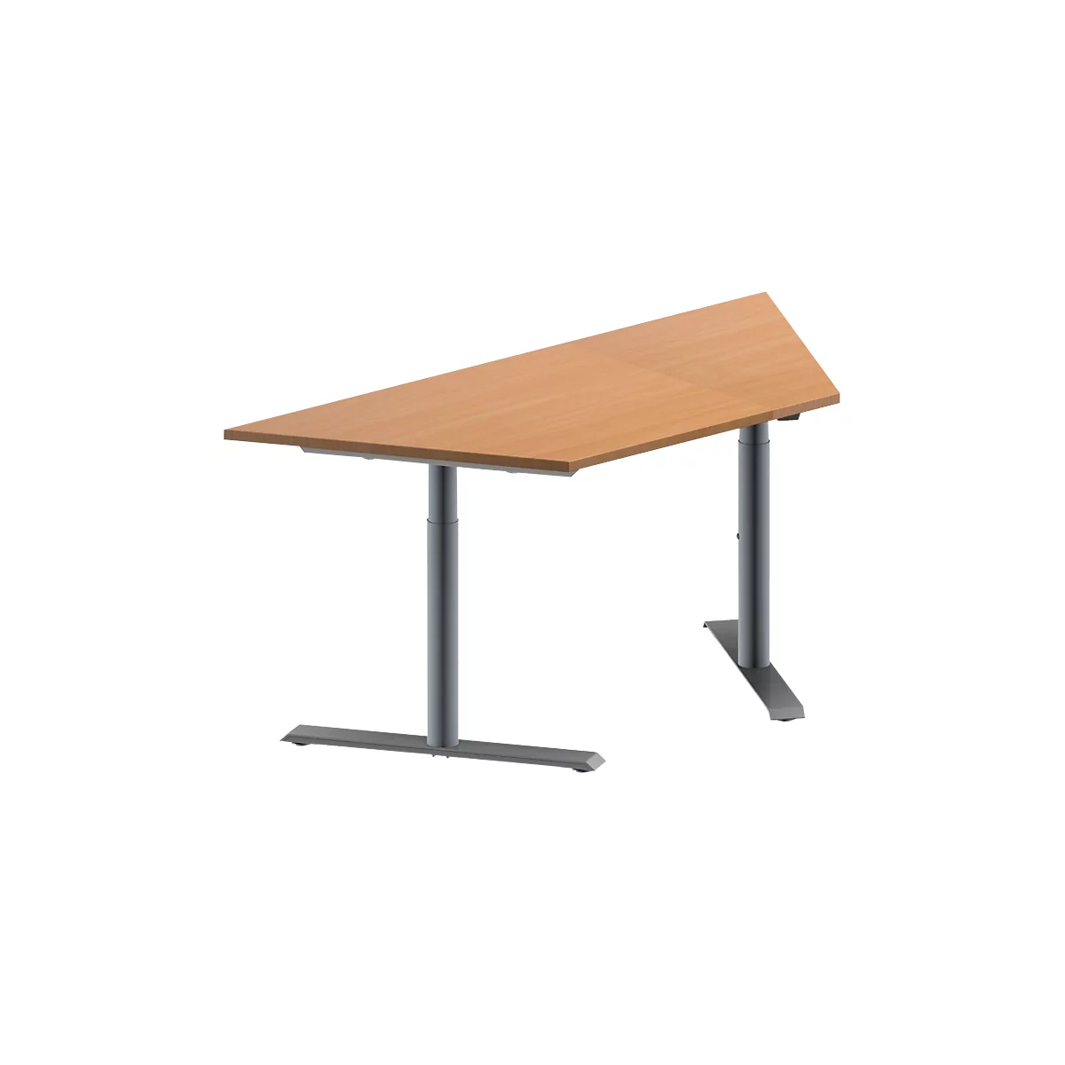 Schäfer Shop Genius Table de réunion MODENA FLEX, hauteur ajustable, en forme de trapèze, pieds en T avec tubes ronds, l. 1600 x P 800 mm, coloris hêtre 