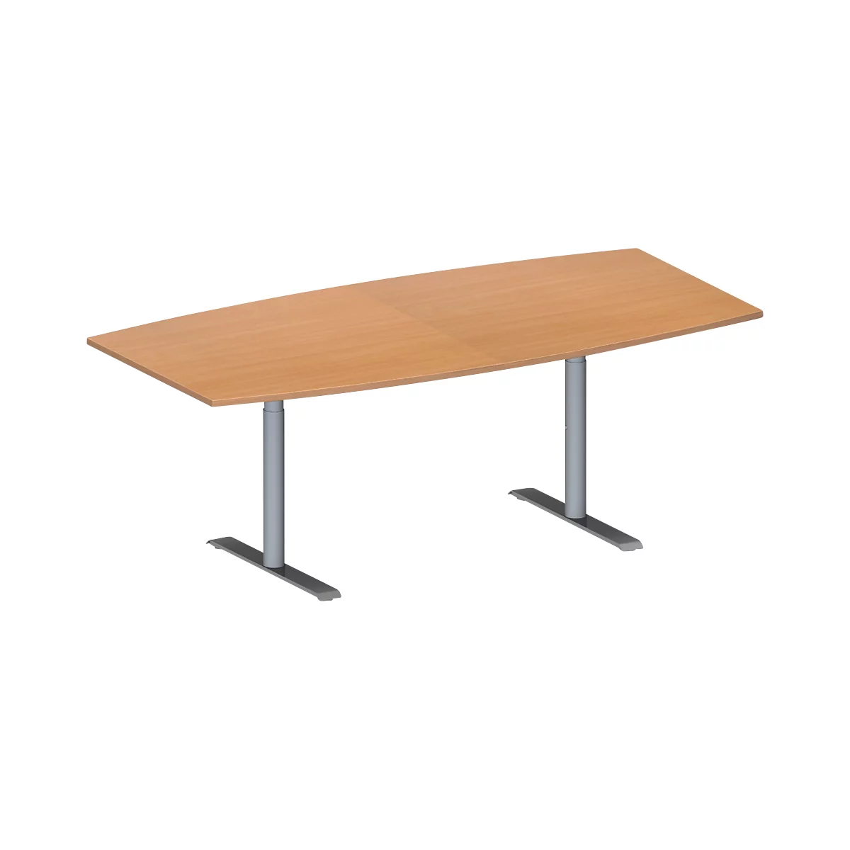 Schäfer Shop Genius Table de réunion MODENA FLEX, hauteur ajustable, forme bateau, pieds en T avec tubes ronds, l. 2000 x P 1000/800 mm, coloris hêtre