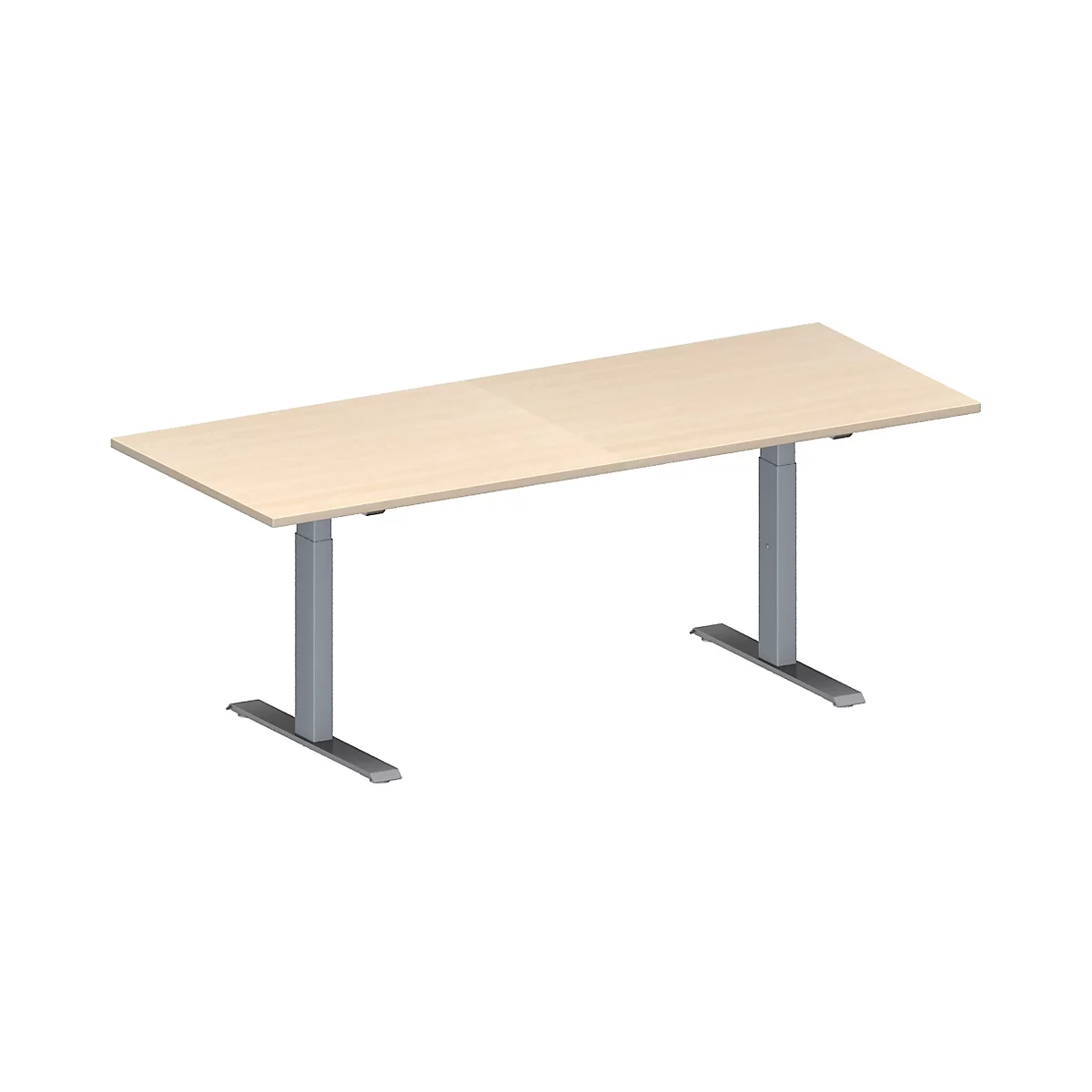 Bureau rectangulaire brun clair avec deux pieds en forme de pilier gris sur fond blanc.