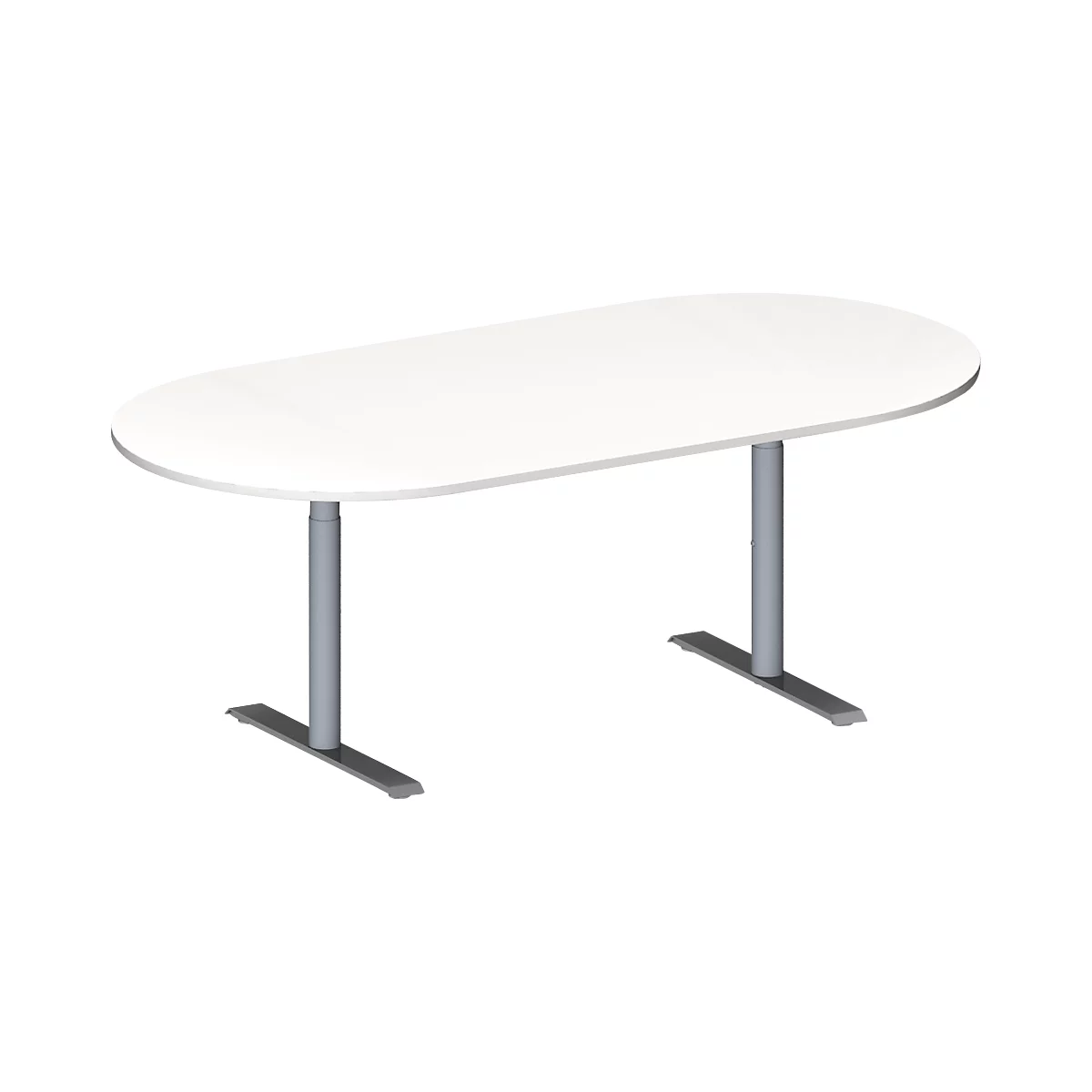 Schäfer Shop Genius Table de réunion MODENA FLEX, hauteur ajustable, sans bloc prise, en forme d'ovale, pieds en T avec tubes ronds, l. 2000 x P 1000 mm, blanc