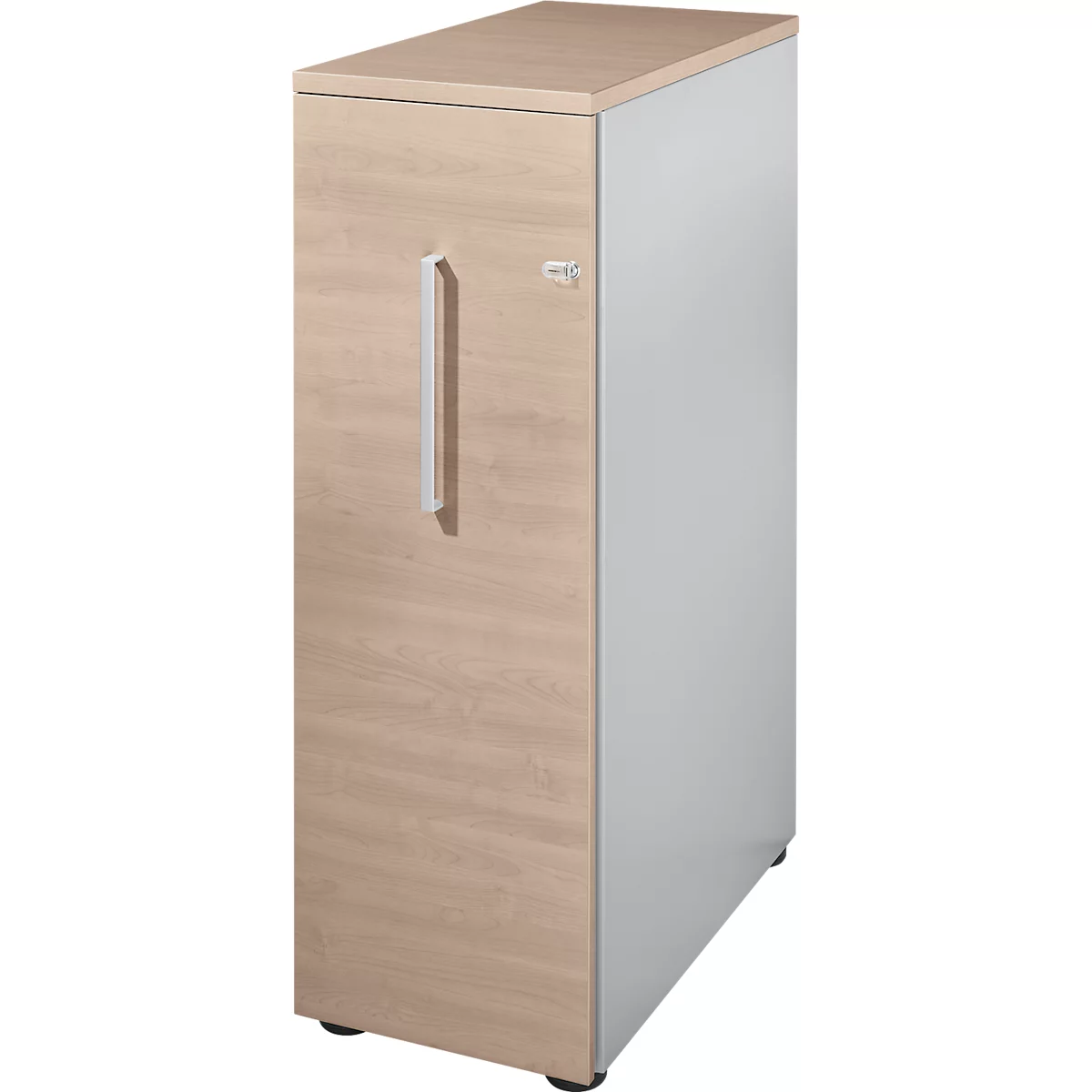 Wooden cabinet with a gray side, silver handle and lock, standing on black feet.