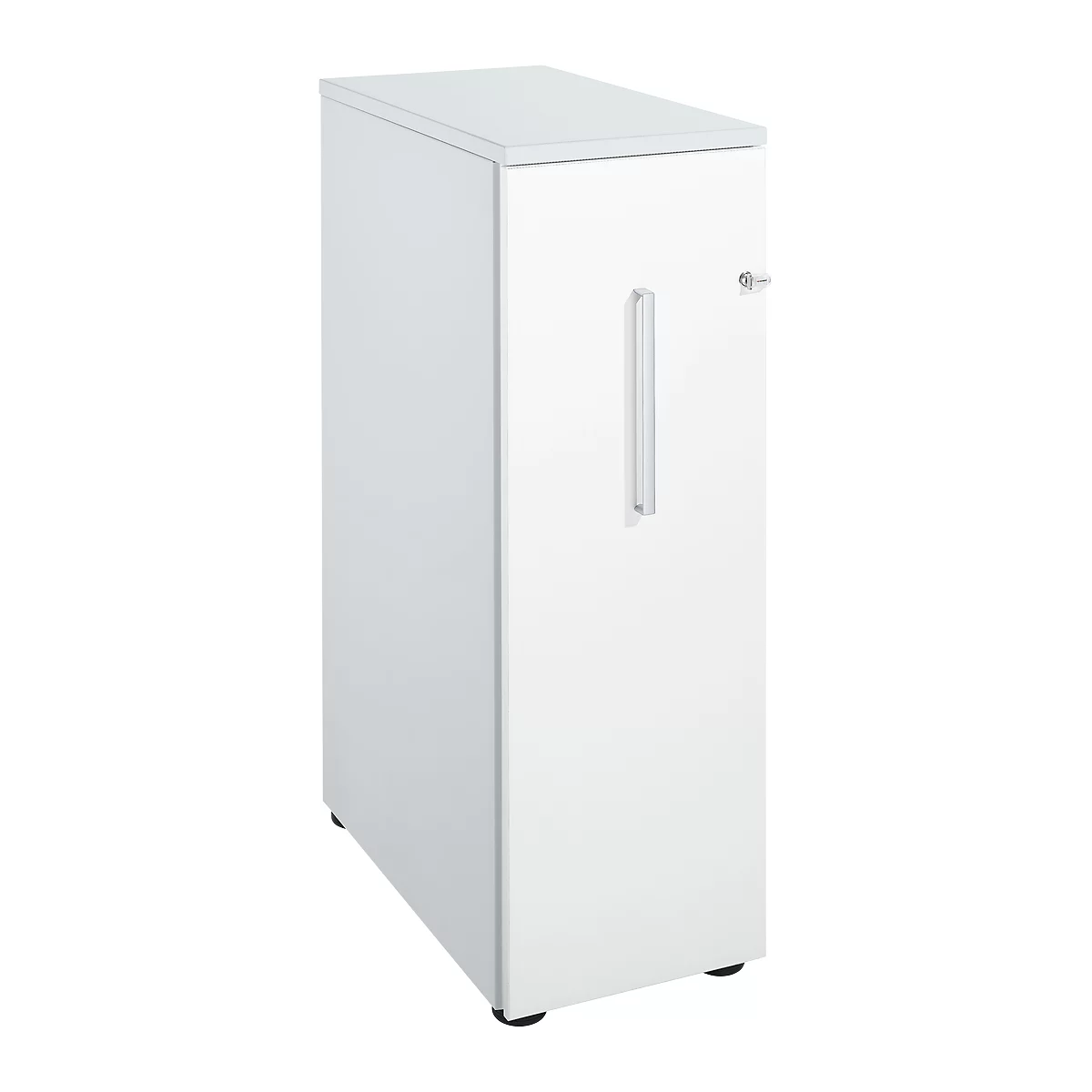 White cabinet with a long, vertical handle. Small knob and black feet.