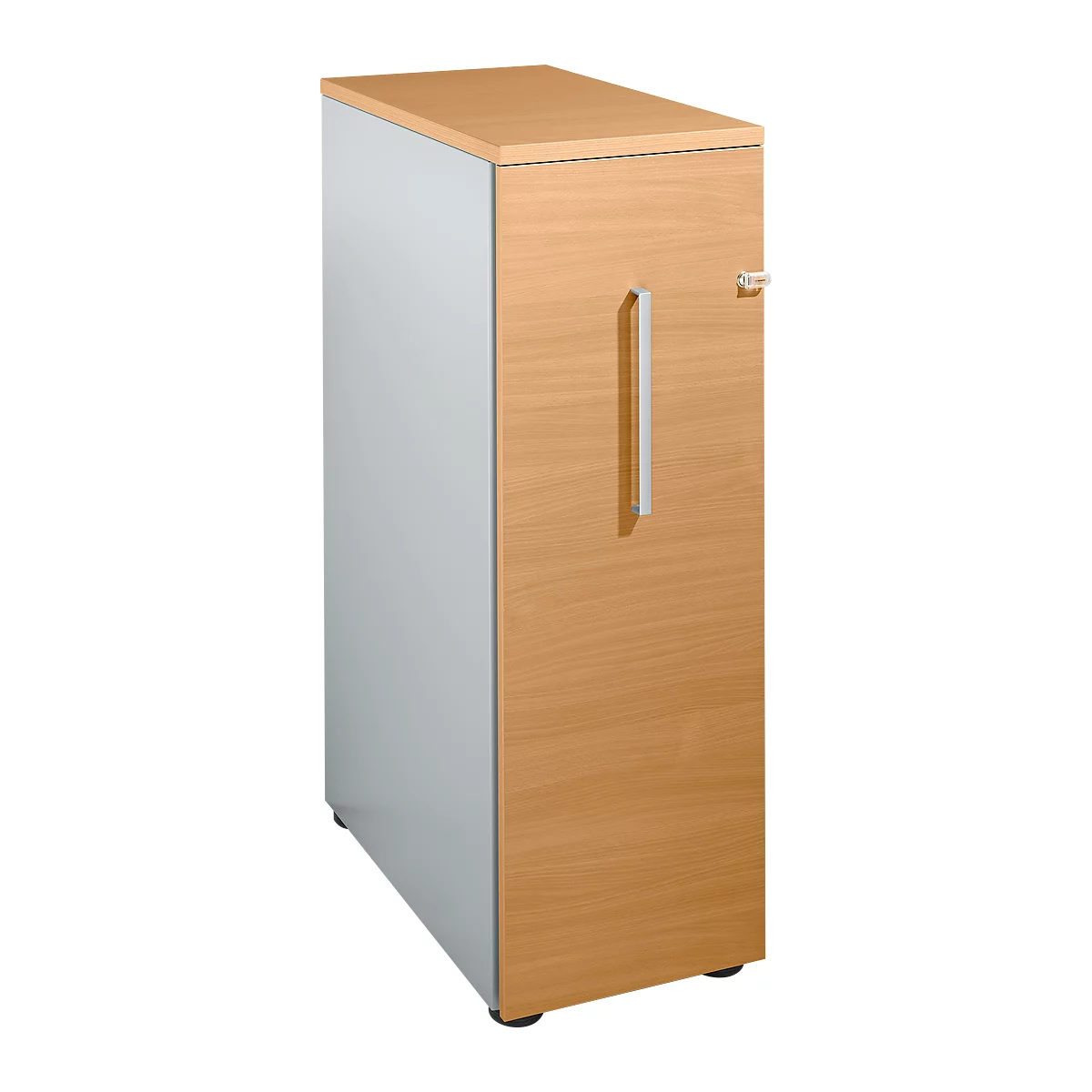 Tall cabinet made of wood and light gray material. The cabinet has a door with a silver handle.